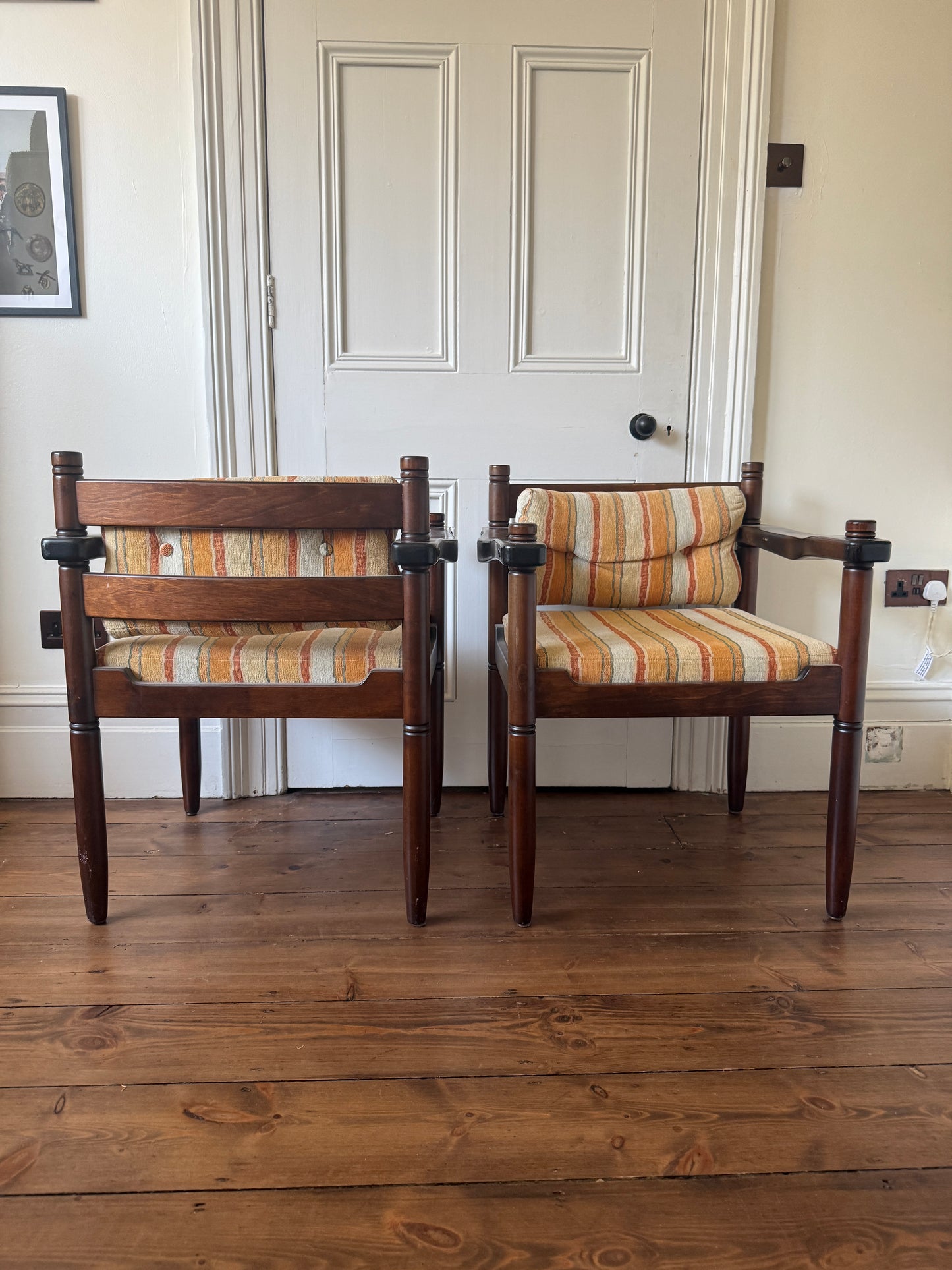 Set of 4 mid century turned wood carver chairs