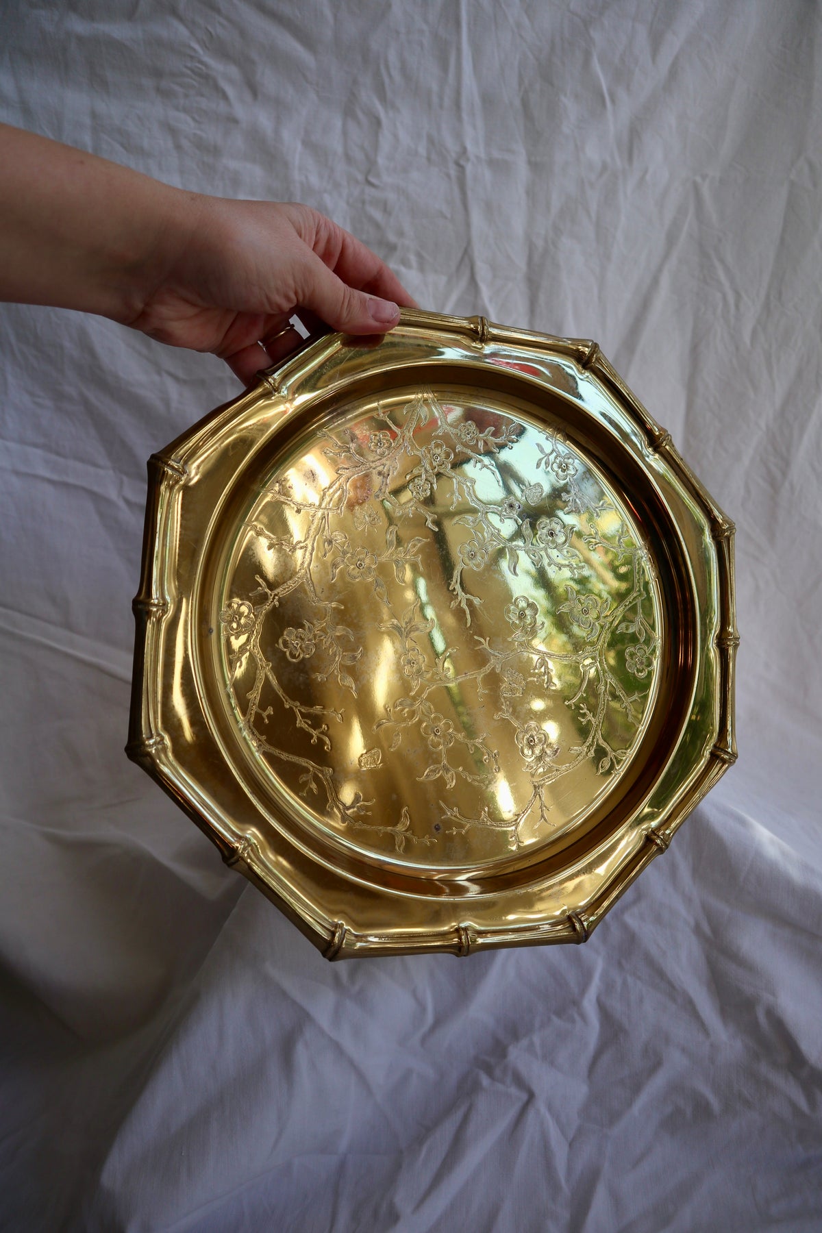 Brass tone platter with bamboo edge