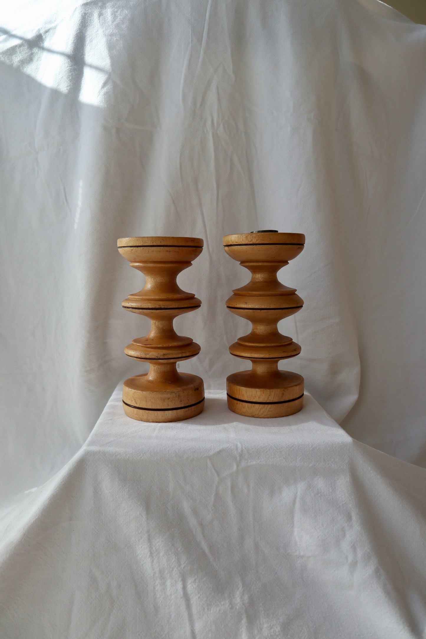 Handmade vintage bobbin spool candlesticks