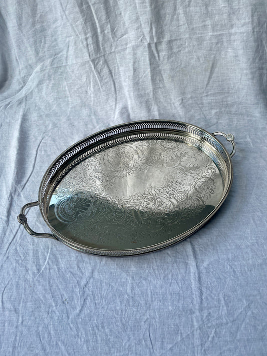 Large silver tray with shell handles