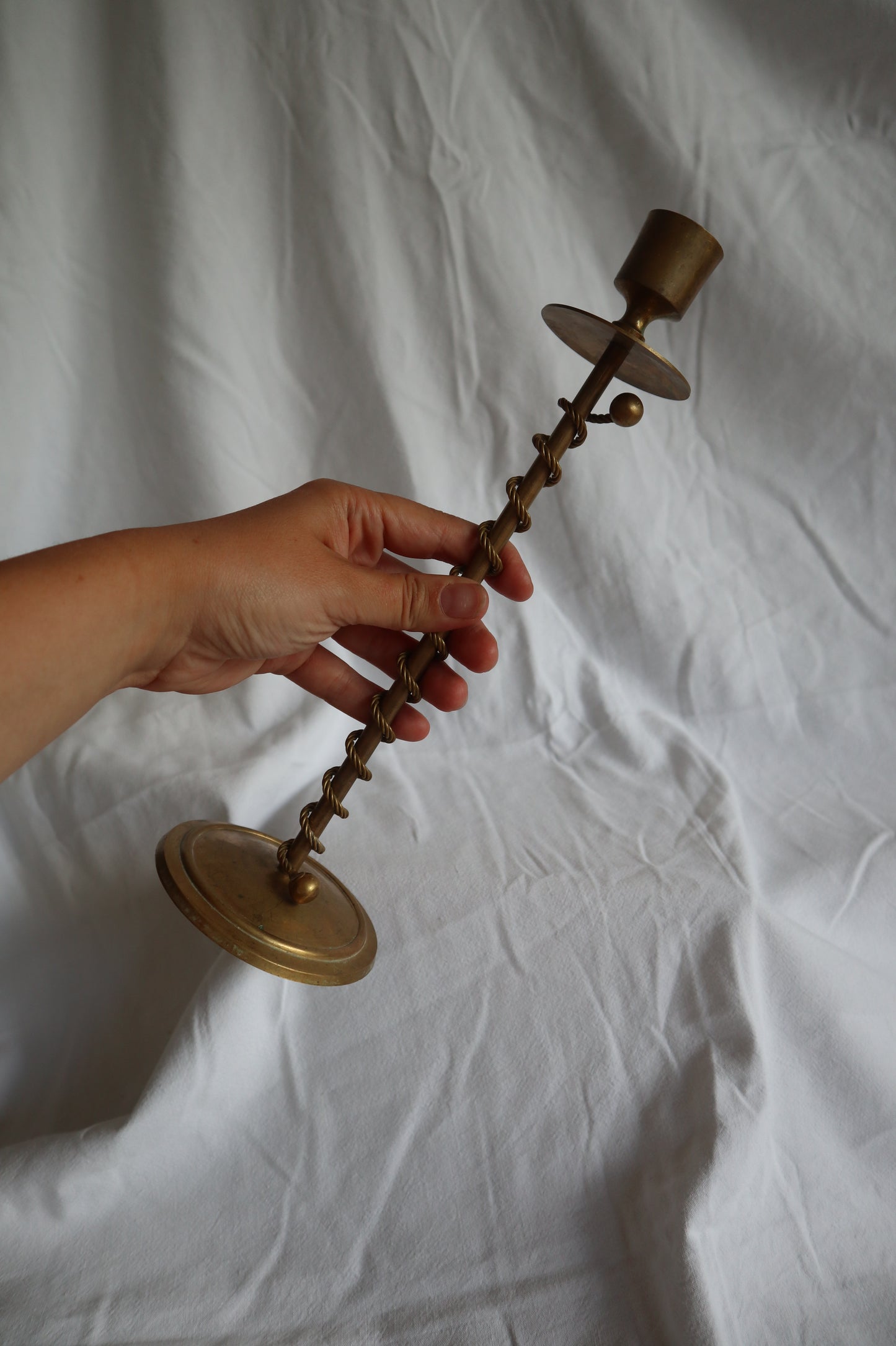 Braided, twisted sculptural brass candlesticks