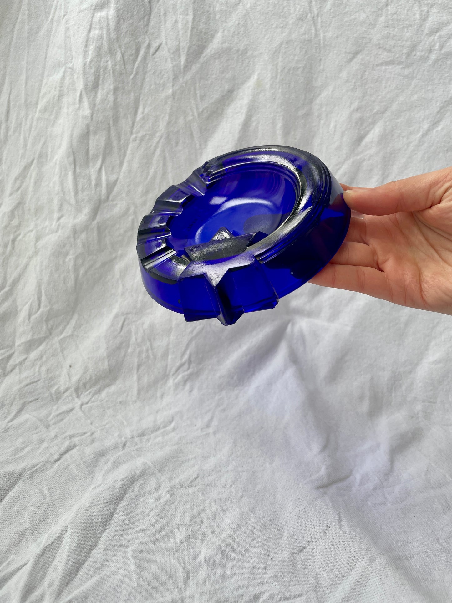 Cobalt Blue Glass Vintage French Ashtray