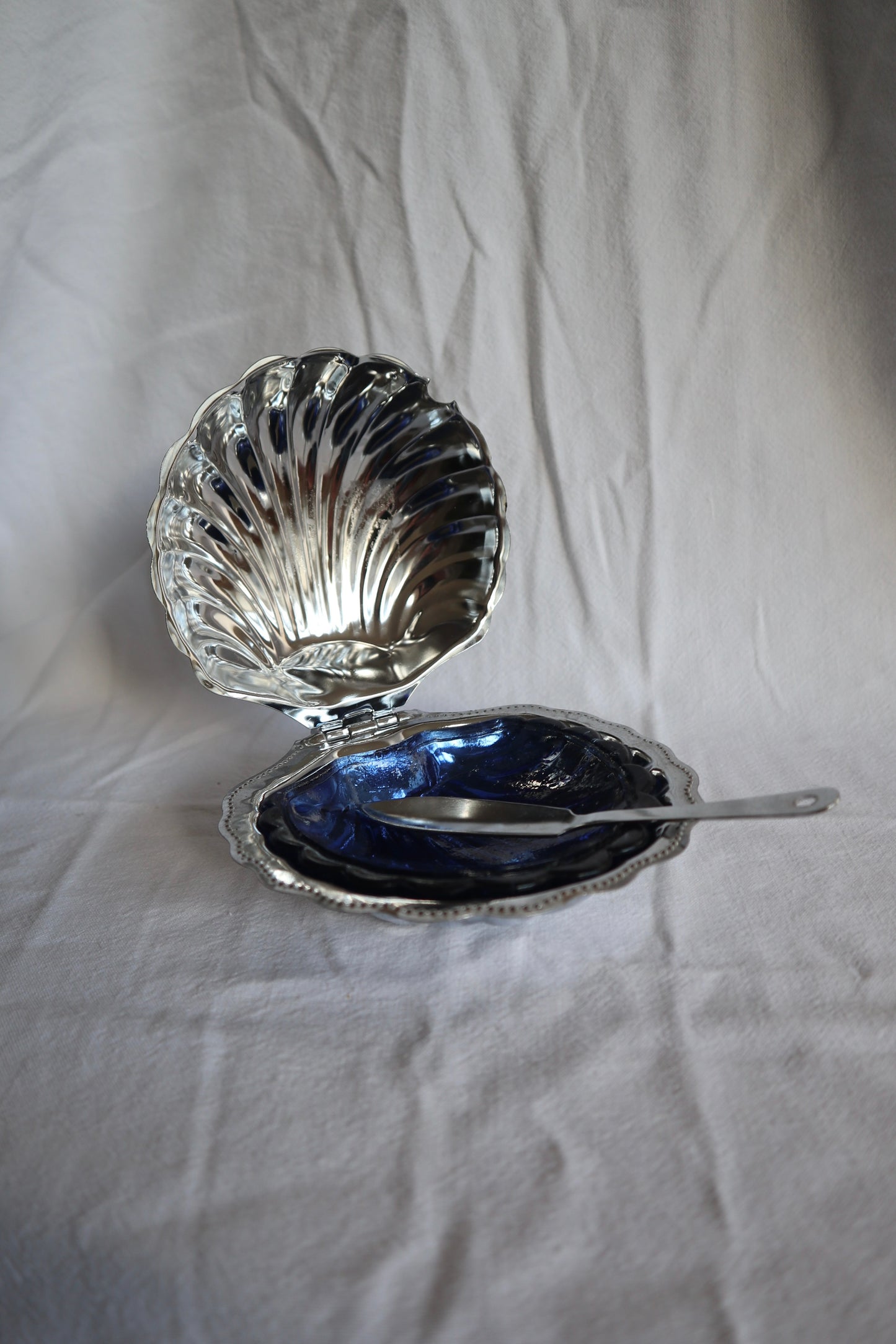 Silver tone and cobalt glass French vintage clamshell dish