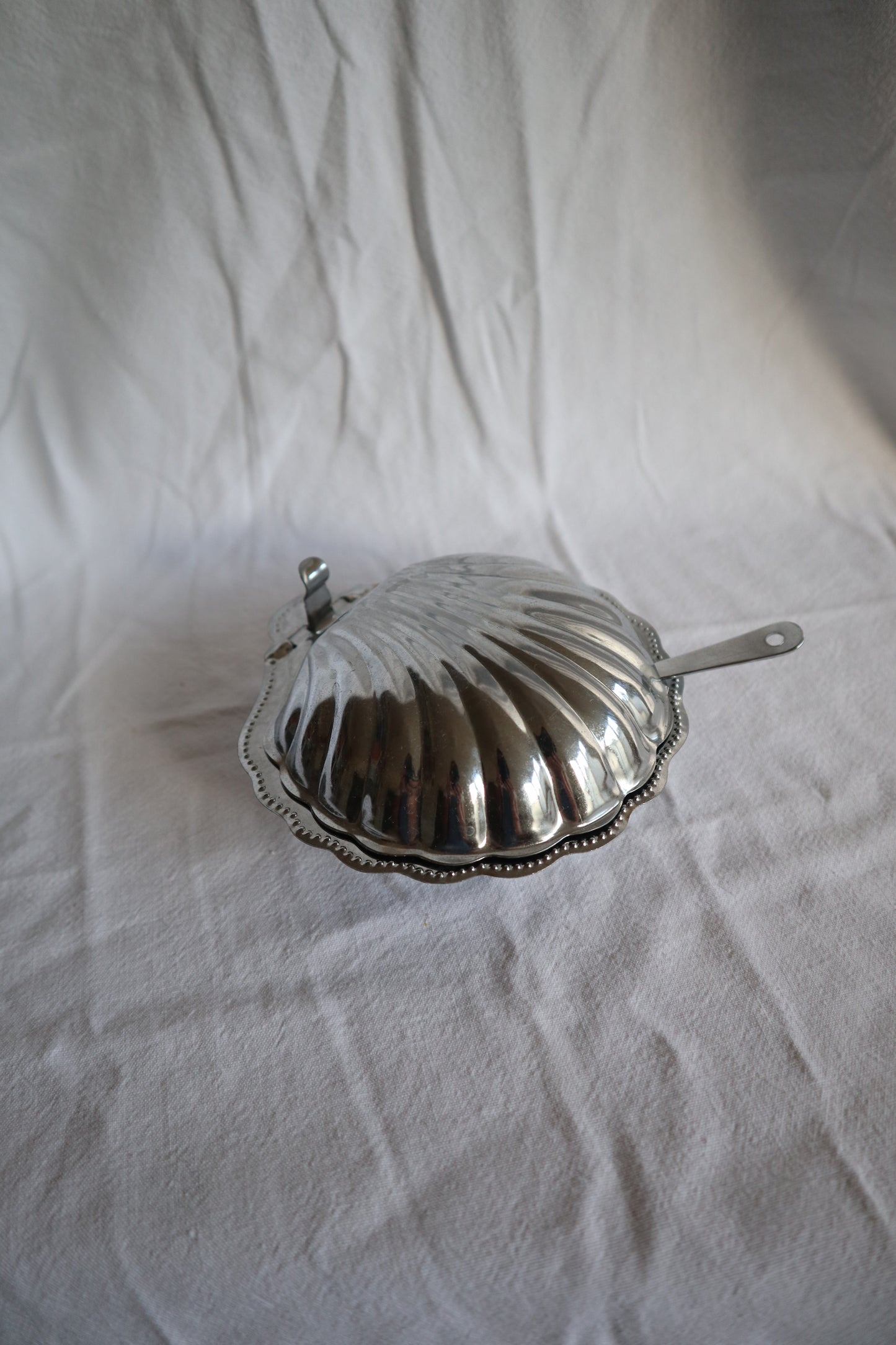 Silver tone and cobalt glass French vintage clamshell dish