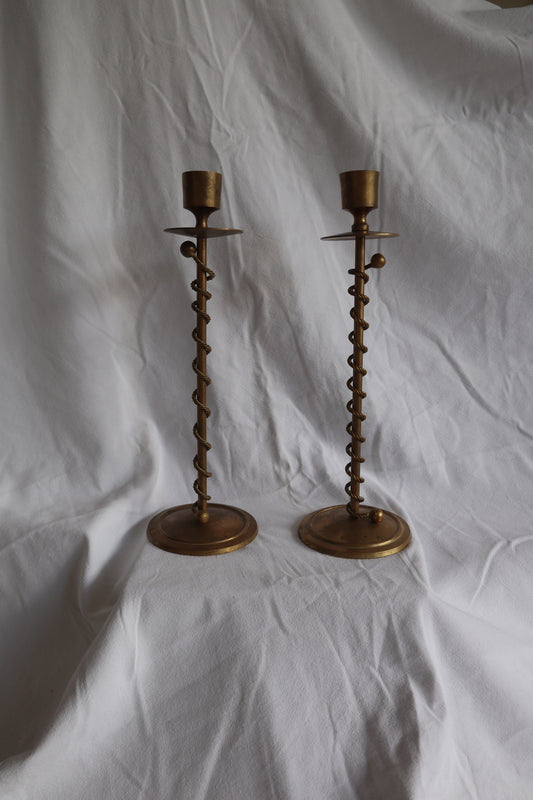 Braided, twisted sculptural brass candlesticks