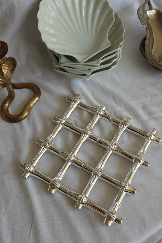 Expanding vintage silver faux bamboo trivet