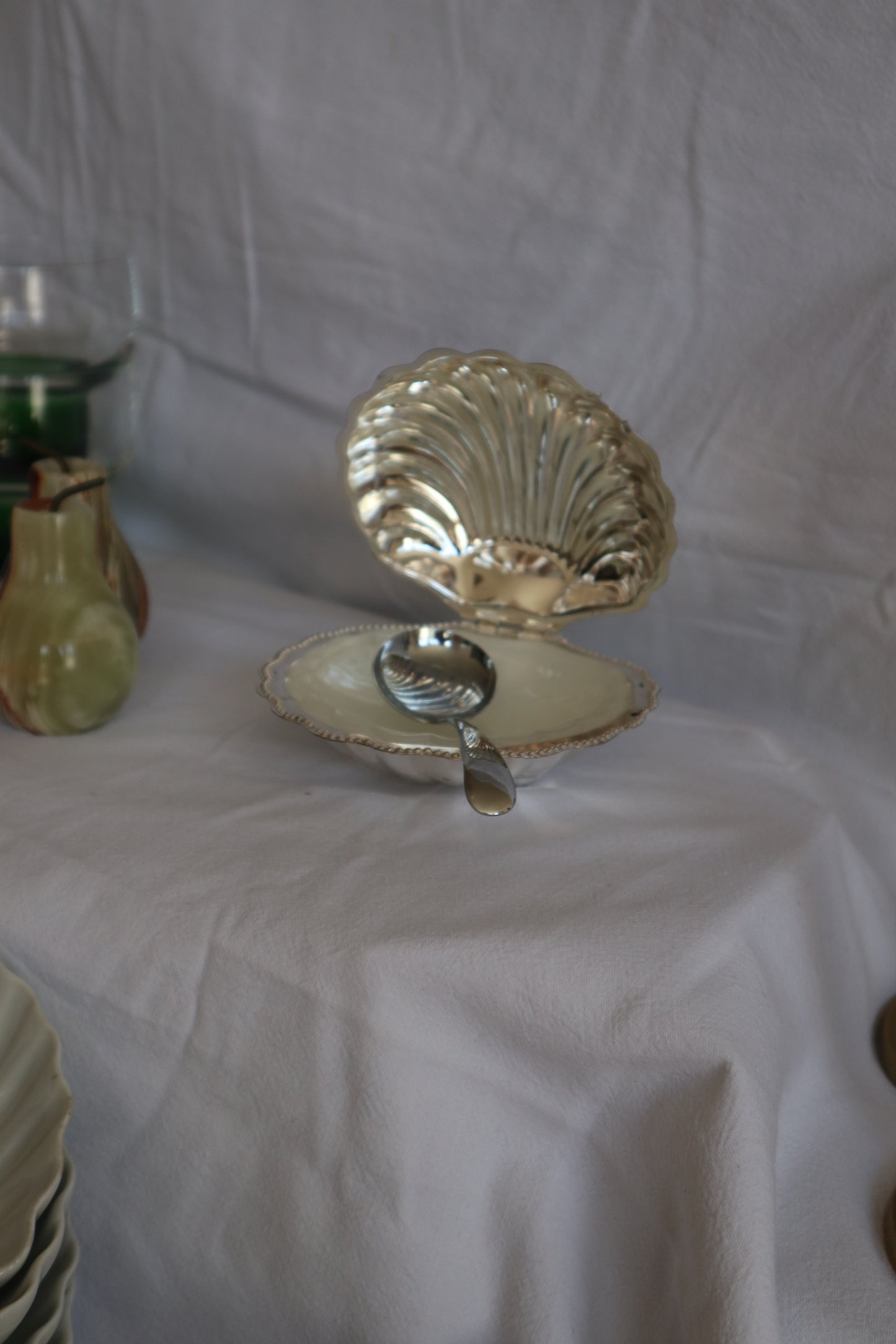 Vintage French clamshell dish with spoon