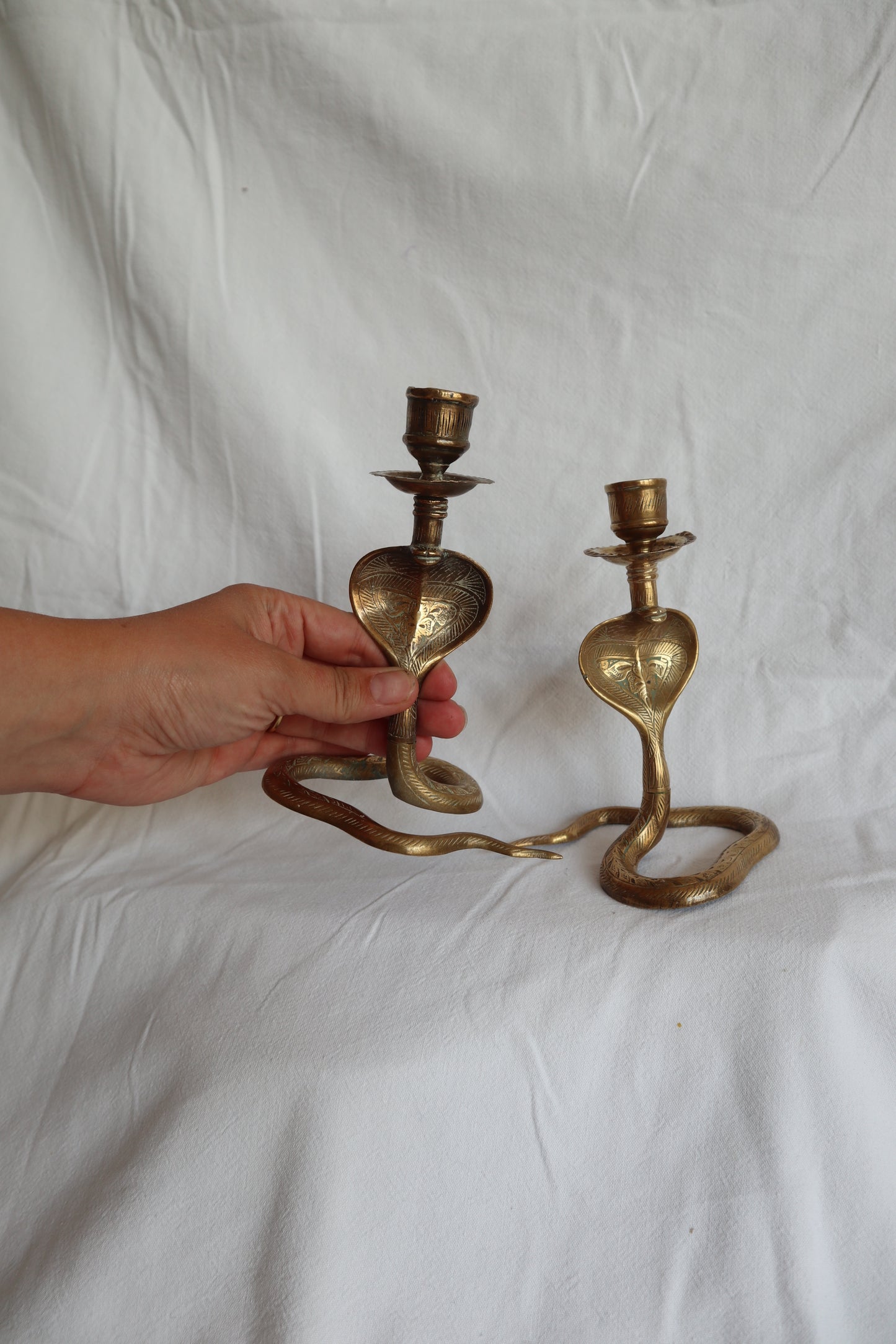 Pair of vintage brass snake candlesticks
