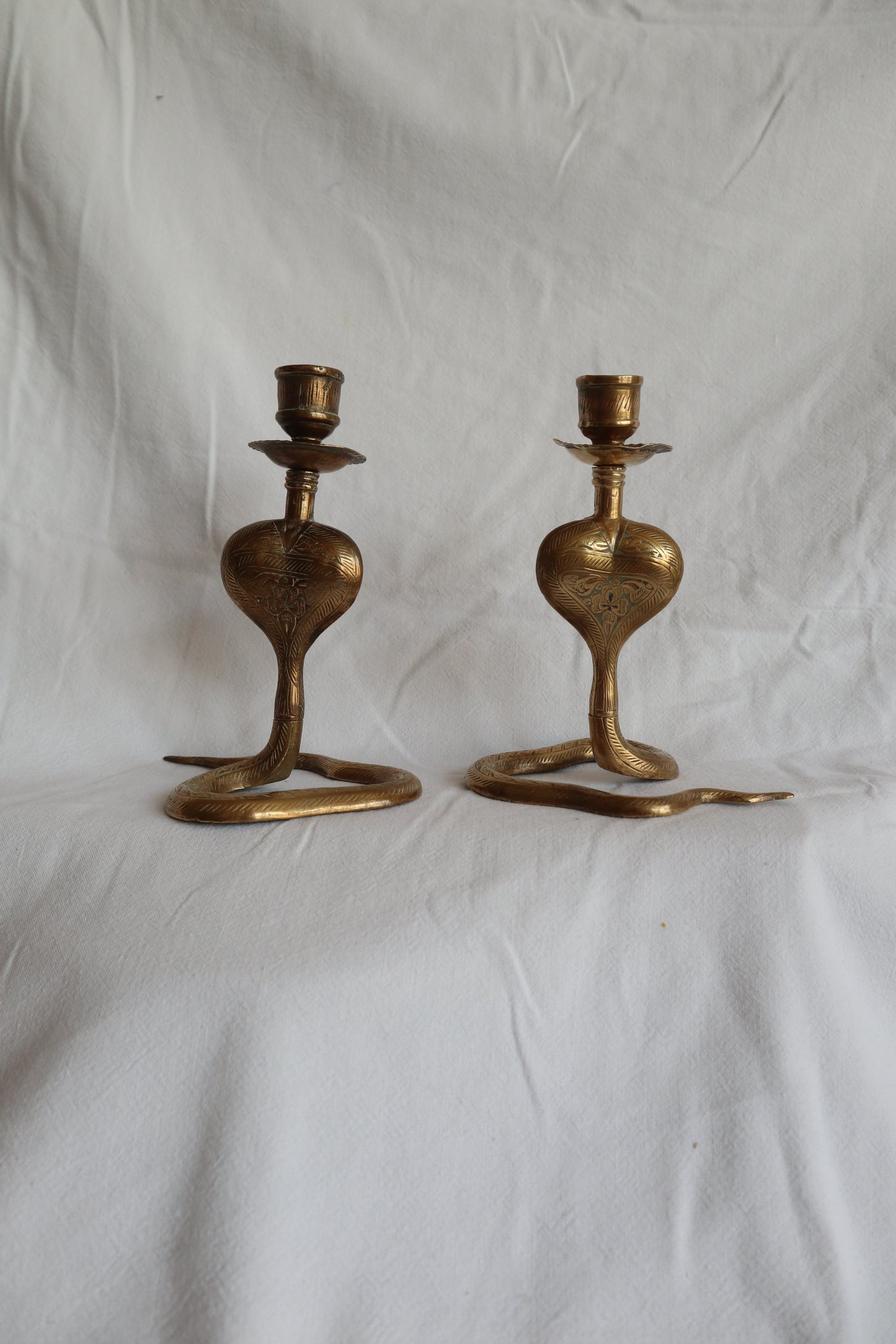 Pair of vintage brass snake candlesticks