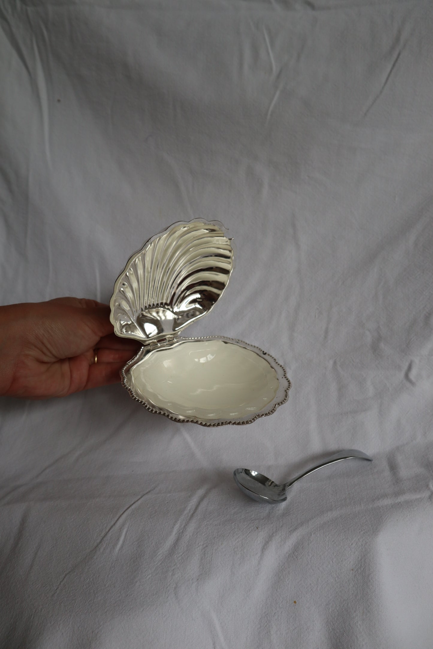Vintage French clamshell dish with spoon