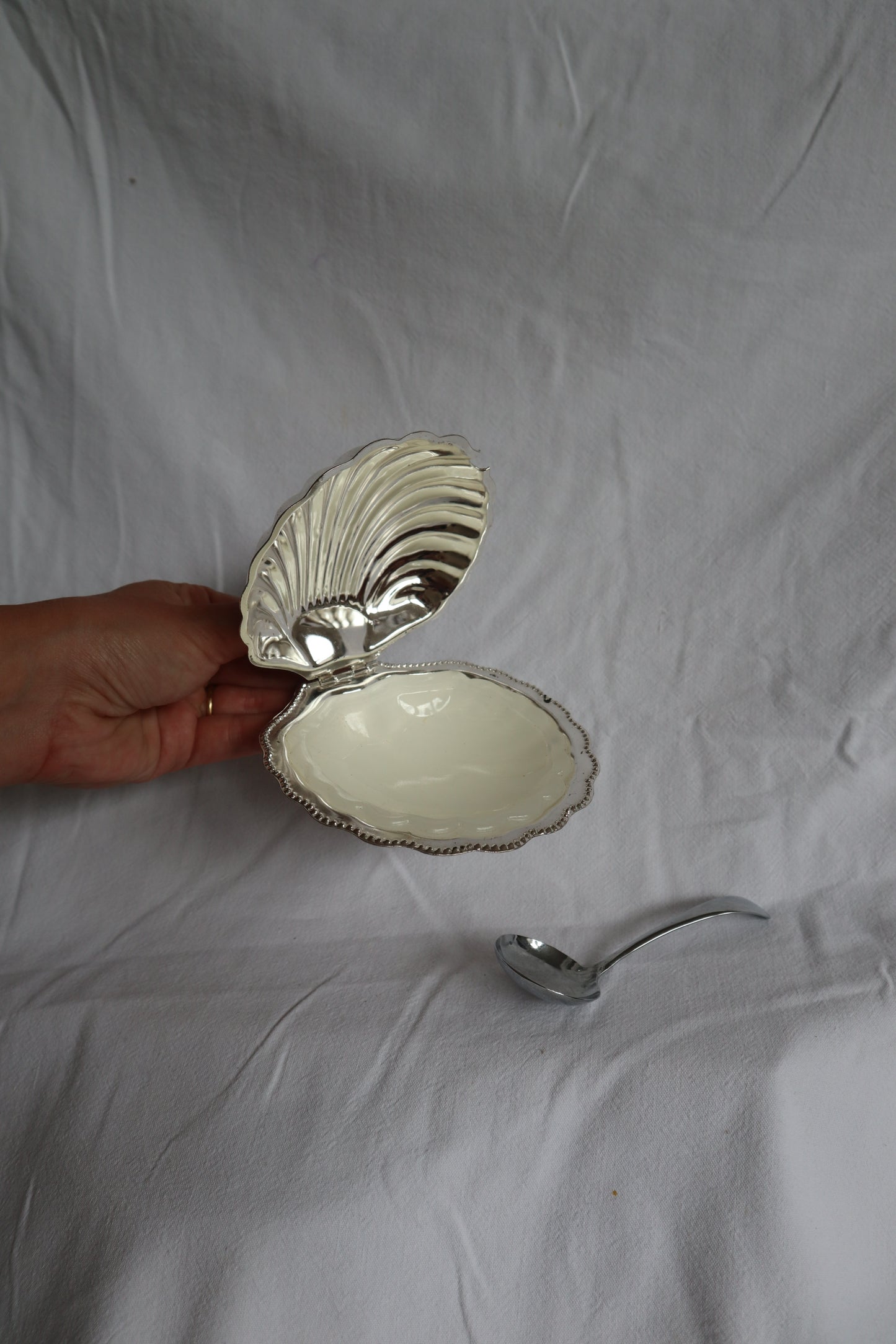 Vintage French clamshell dish with spoon