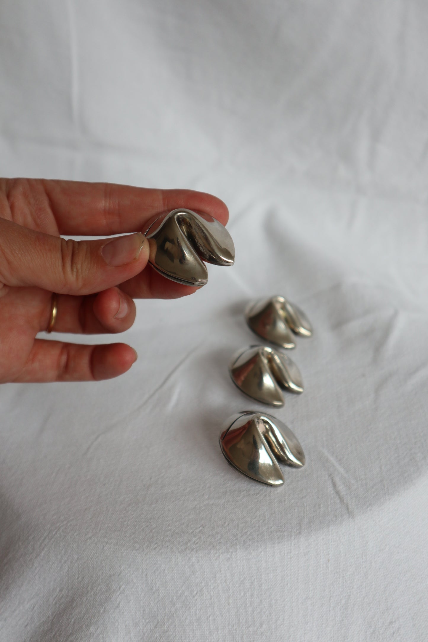 Set of 4 vintage silver fortune cookie placecard holders