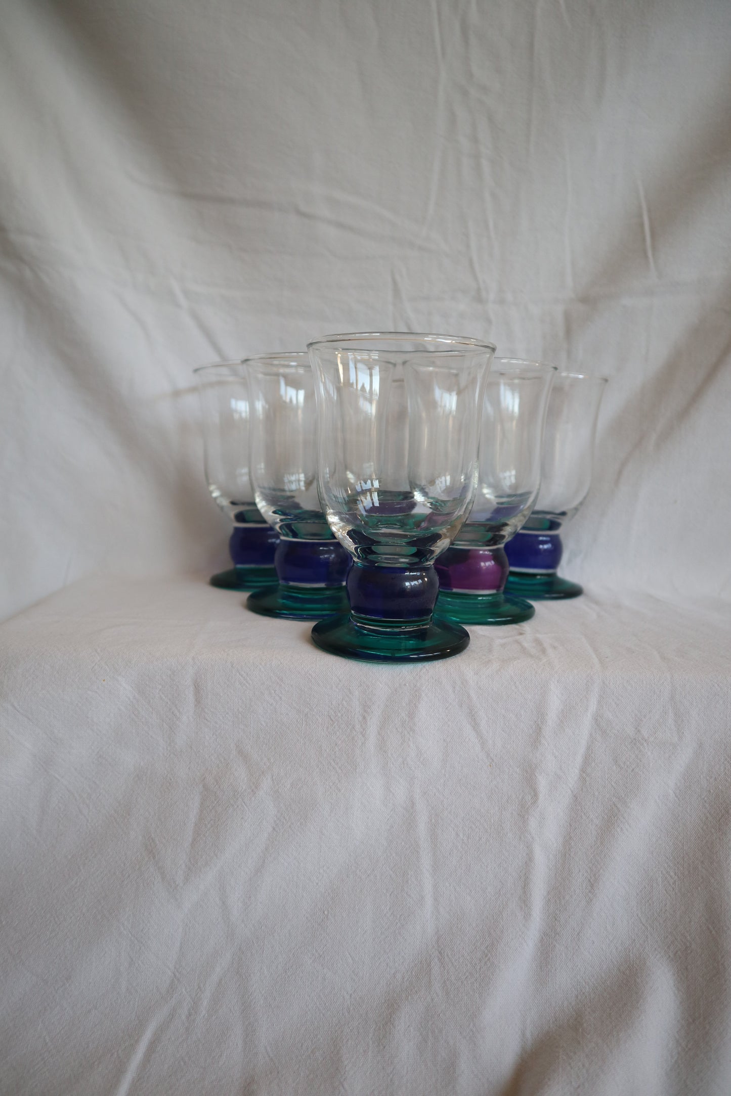 Set of 6 mid century coloured stem glass goblets