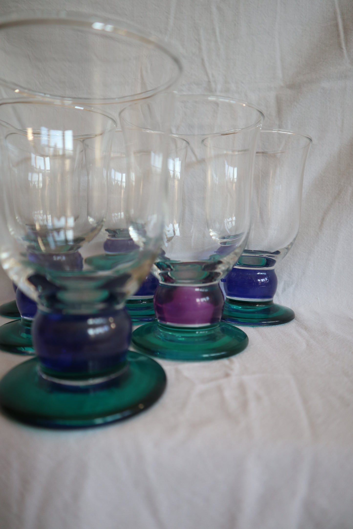 Set of 6 mid century coloured stem glass goblets