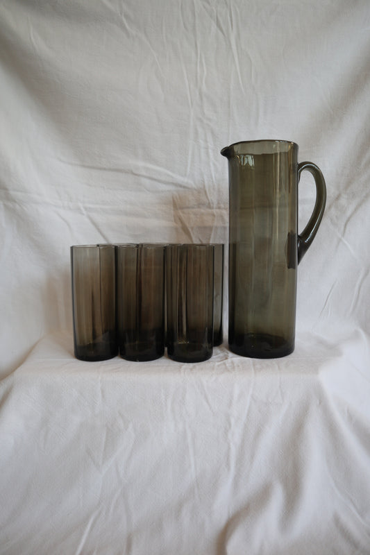 Smoked glass mid century jug and set of 5 hiball glasses