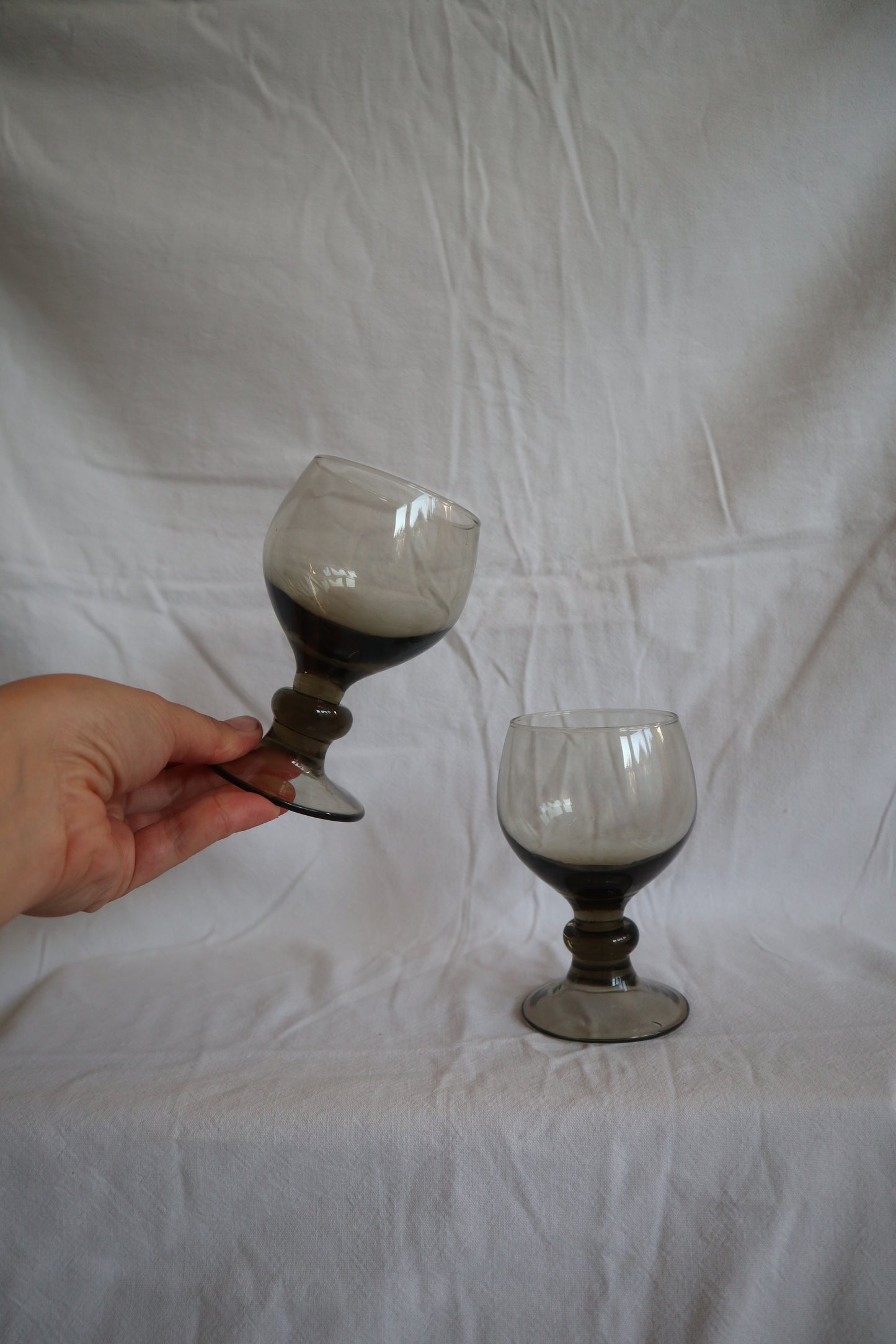 Set of 4 mid century smoked glass bobbin stem wine glasses